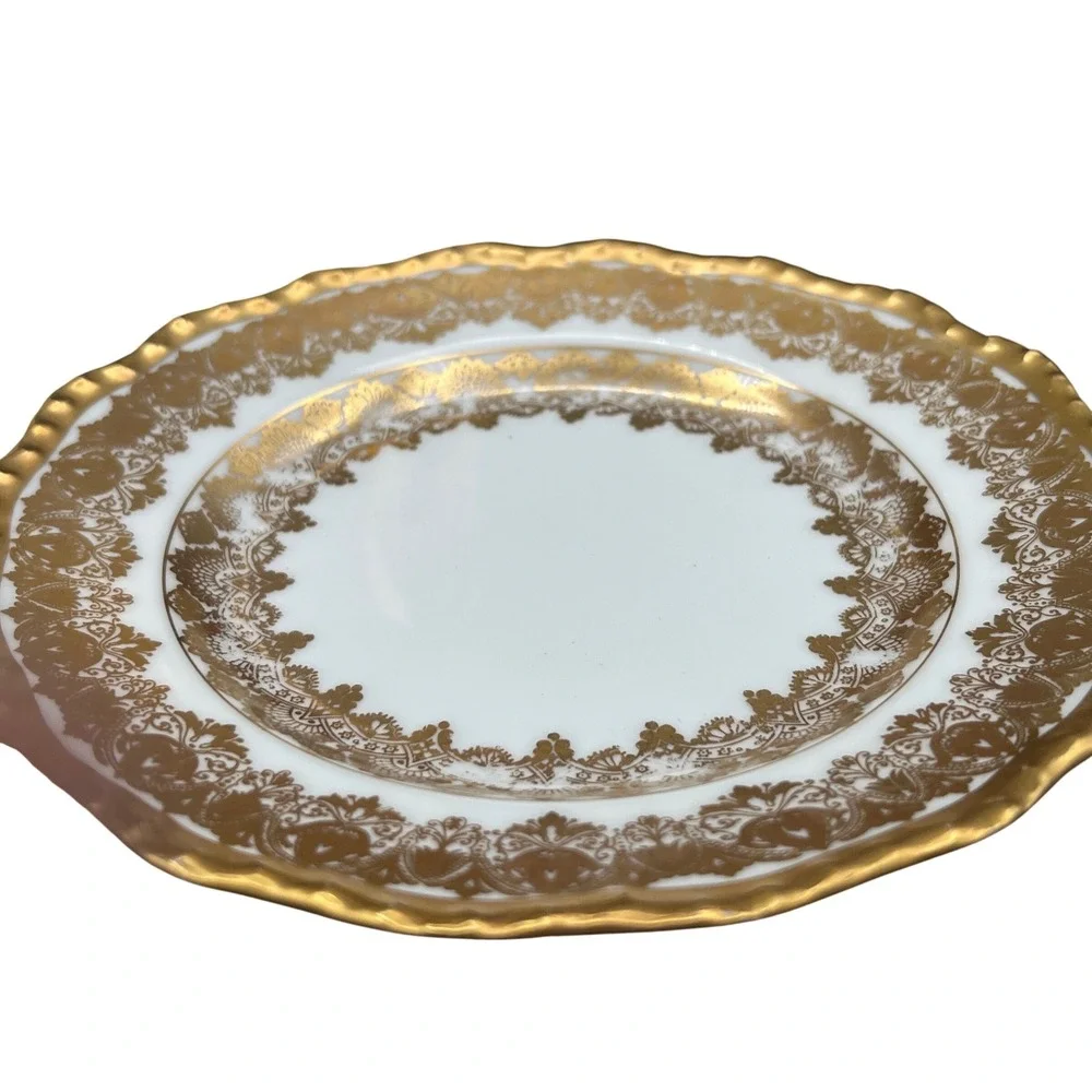 J Pouyat Limoges France Antique Gold Encrusted Scalloped Bread Plate White 6.25